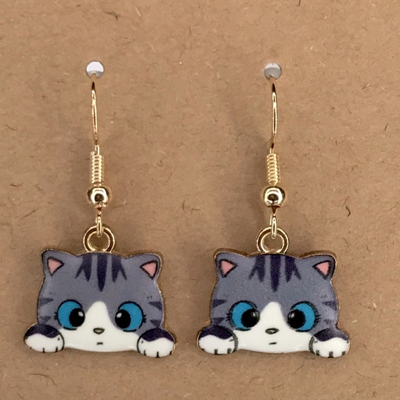 Jewelry - 18k Gold Plated Hook Cat Dangle Earrings